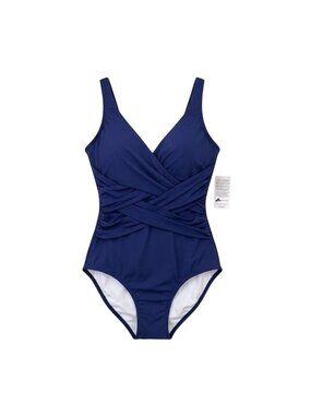 Lands End Womens Blue One-Piece Wrap Swimsuit Flattering Fit Size 14